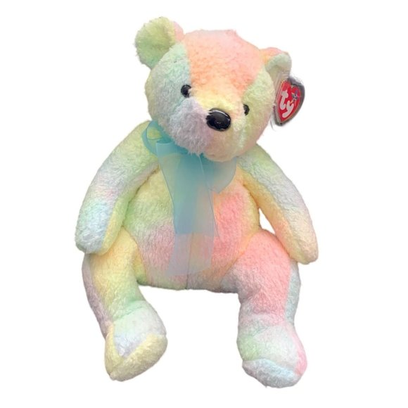Ty Beanie Buddies Tye Dye Blue Bow Multicolor Plush Stuffed Animal Toy Bear Mell - Picture 1 of 5